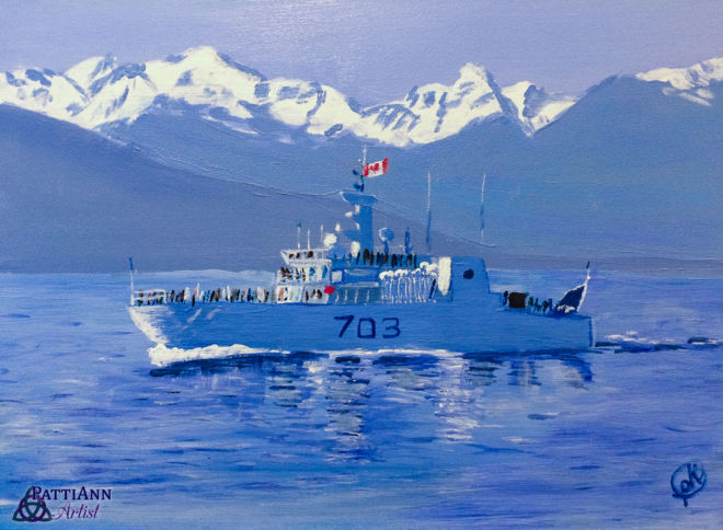 HMCS Edmonton 703 Minesweeper Strait of Juan de Fuca Olympic Mountains Patricia Kelley