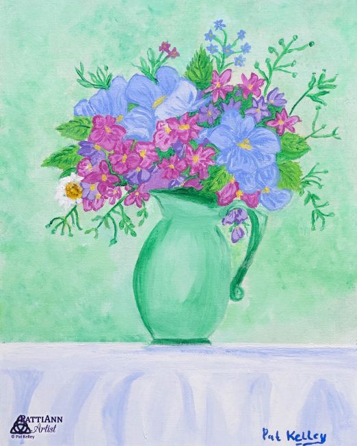 Green Vase, Mixed Flowers