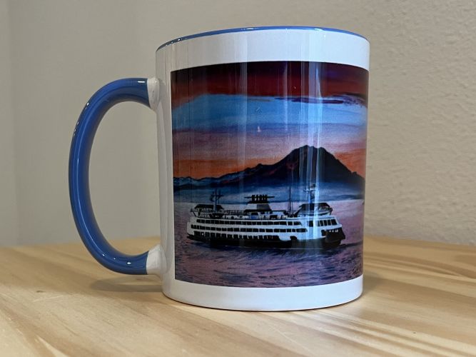 MUG – “Northwest Morning Aglow, Mountain & Ferry” – Blue