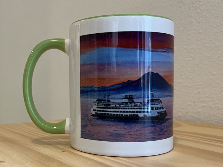 MUG – “Northwest Morning Aglow, Mountain & Ferry” – Green