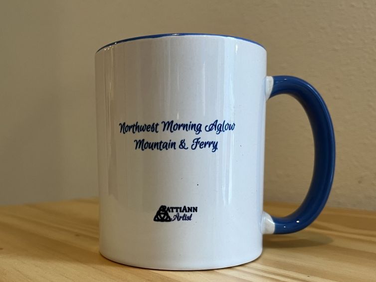 MUG – “Northwest Morning Aglow, Mountain & Ferry” – Blue