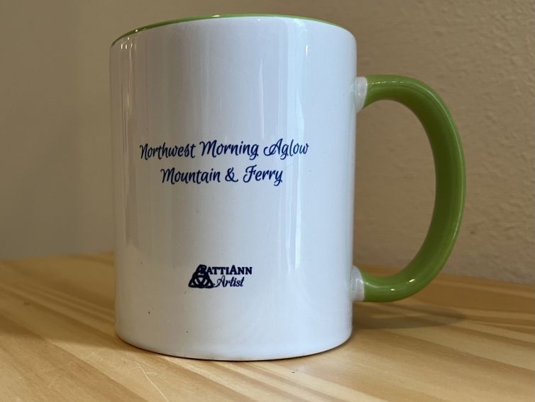 MUG – “Northwest Morning Aglow, Mountain & Ferry” – Green